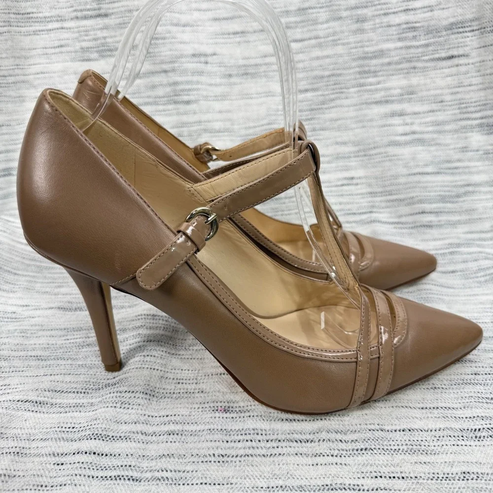 Nine West Jantine Tan Pointed Toe Heels Pumps T-Strap Size 7 Career Office Nude